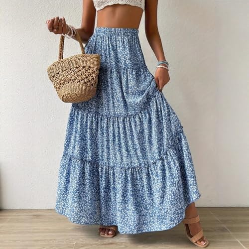 Women's Long Skirts Small Floral Elastic Waistband Three Layer Splicing A line Pleated Big Swing Dresses for Women4