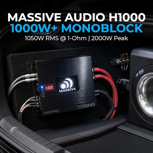 Image of Massive Audio H1000 | 1050 Watt RMS / 2100w Max 1 Ohm Stable Mono Block Hippo Series High Performance Amplifier with Bass Remote