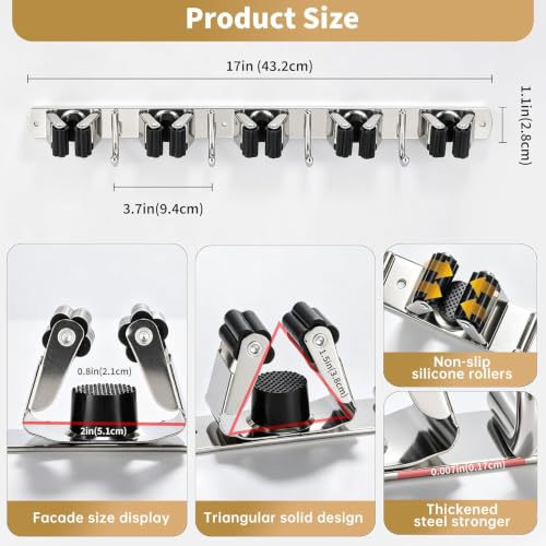 Image of Niwlix 5 Slot & 4 Hook Stainless Steel Mop and Broom Holder Wall Mount, Anti Slip Heavy Duty Waterproof Broom Hanger Stand Organizer Tool for Kitchen Home Garden Bathroom Garage