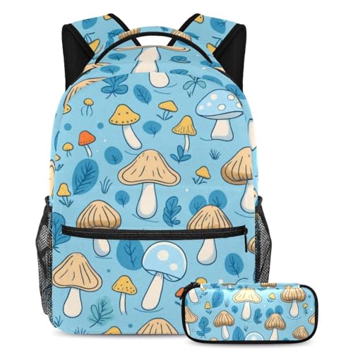 Sac à dos avec trousse motif champignon bleu pour le collège et les loisirs