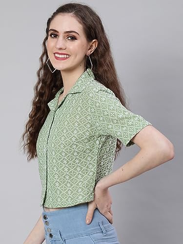 Image of Sea Green Floral Embroidered Cotton Shirt Style Crop Top