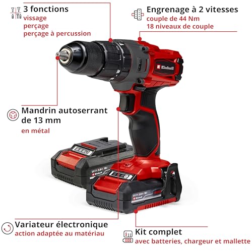 Perceuse Visseuse à Percussion Einhell TE-CD 18/2 Li-i +64 – 18 V, 2x2,0 Ah, 64 Accessoires - vue 7