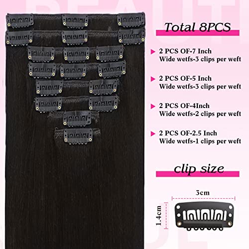 Clip In Hair Extensions Real Human Hair Straight Hair 100% Human Hair Extensions Brazilian Remy Human Hair Clip In Hair Extensions 8Pcs Per Set With 18Clips 65G Double Weft Handmade 16Inch,#1B Natural Black #TOP2