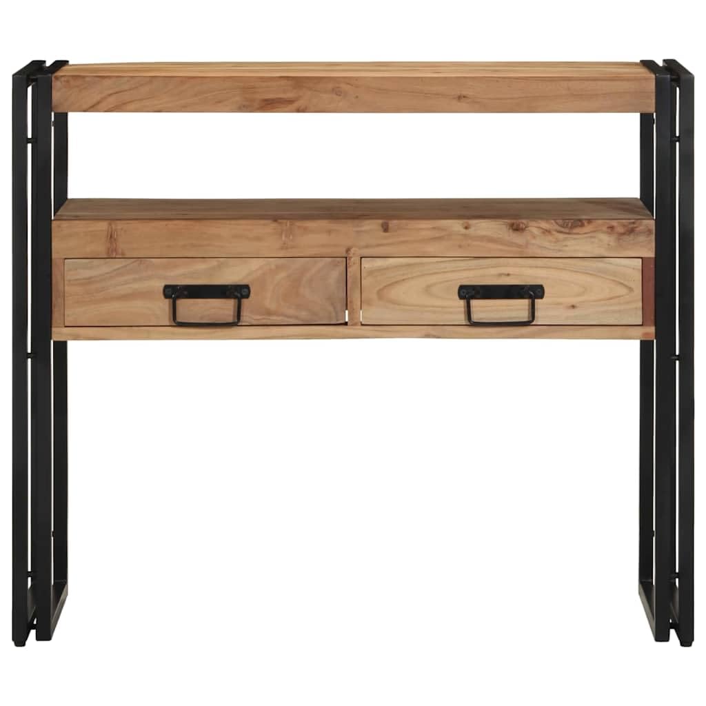 Tavolo consolle in legno massiccio di acacia, marrone, con ripiano e 2 cassetti, 90 x 33 x 75 cm, telaio in acciaio, per soggiorno, corridoio, camera da letto, come tavolino con pratico