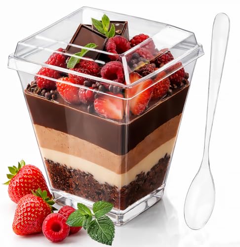 Crystry 100 Pcs 5 oz Plastic mini Dessert Cups with Lids and Spoons Parfait Cups with Lids Yogurt and Appetizer dessert shooter cups for Party, Pudding, Ice Cream, Fruit, BPA Free Clear Recyclable.