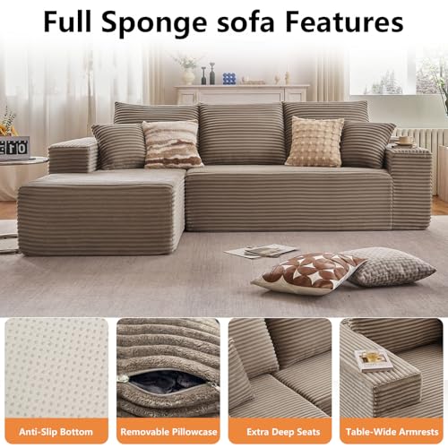 Image of 96 inch Modular Sectional Sofa, Modern Corduroy Cloud Couch with Deep Seat, Boneless Couch Upholstered 3-Seater L-Shaped Sofa for Living Room, No Assembly Required (Camel, Left-Facing Chaise)