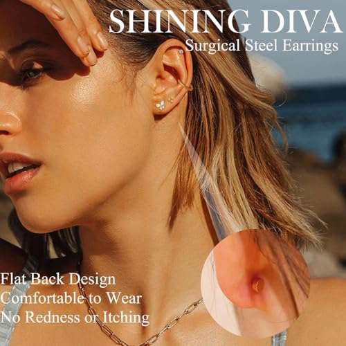 Image of Shining Diva Fashion 12 Pairs Anti Tarnish Earrings Combo Set | 14K Gold Plated | Hypoallergenic Stainless Steel Earring for Sensitive Ears | Flat Back Stud Hoop Cartilage Earring for Multiple Piercing