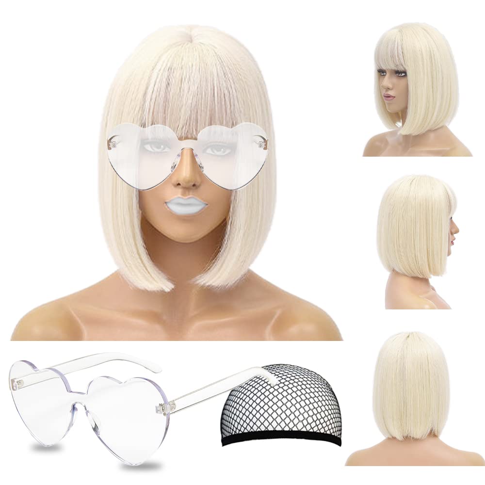 LIULIUBTY Short Bob Hair Wigs Straight with Flat Bangs Synthetic Colorful Cosplay Daily Party Neon Wig for Women + Free Wig Cap 12" Natural As Real 10