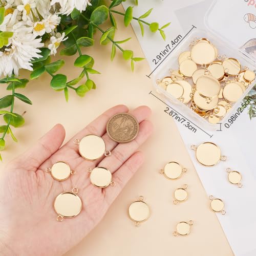Beebeecraft 1 Box 48Pcs Cabochon Connector 18K Gold Plated Brass 6 Size Flat Round Blank Bezel Pendant Trays Connector Cabochon Settings with 2 Loop for DIY Jewelry Making - Image 3