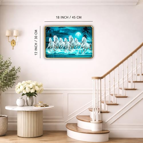 Image of XOPY Seven Running Horses with Golden Frame | Vastu 7 horses Raw Pyrite Painting for Home, Office & Living Room Wall Decore | 12X18 Inch Sparkle Laminated Frame | Best For Gifting (53322, 12X18)