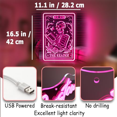 Image of Pink Neon Sign Led Neon Lights Signs for Wall Decor USB Powered Led Signs for Room Decoration-Skeleton Reading Book