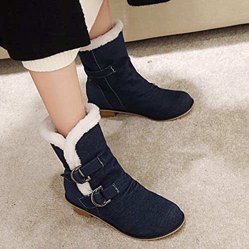 Womens Denim Flat Short Ankle Boots Chunky Low Heel Ankle Buckle Cute Short Boots4