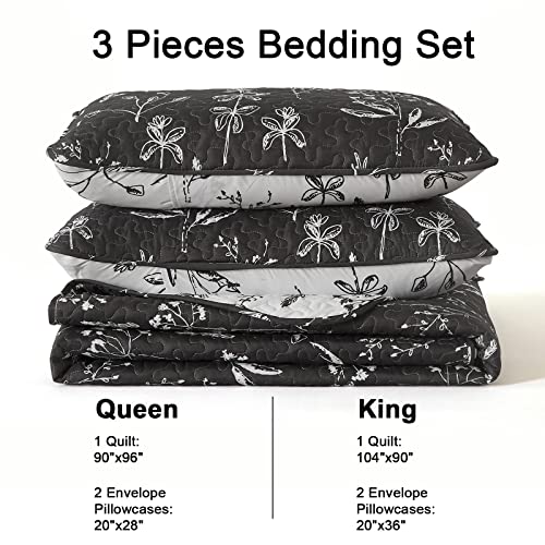 Dinjoy Floral Quilt Set King Size, Reversible Dark Grey White Flower Botanical Bedding Set Soft Lightweight Microfiber Bedspread Coverlet Bed Set 3 Pieces (1 Quilt + 2 Pillowcases) All Season #TOP6