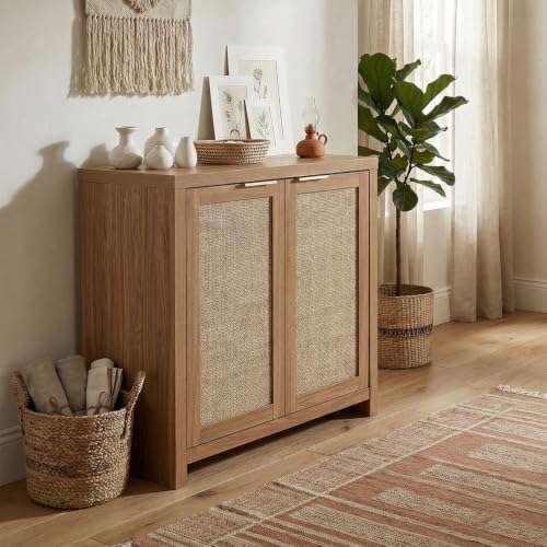 Image of OAKHAM HOME Rattan Sideboard Cabinet with Storage, Natural Oak | Buffet Cabinet with 2 Soft-Close Doors, Adjustable Shelves and 110 lbs Top, For Living Room, Kitchen, Entryway