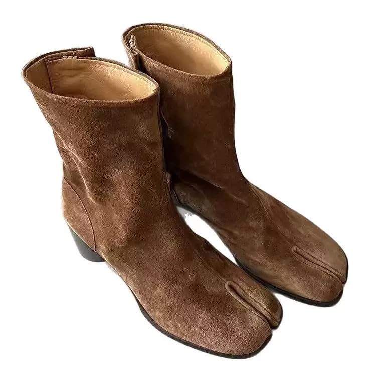 Tabi Boots Women Split Toe Design Mid Heel Soft Suede Ankle Booties Casual Cute Retro Business Work Shoes