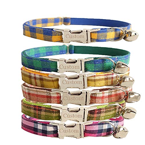 Cute Cat Collars for Male Girl Cats - Personalized Cat Collar with ID Pet Name Phone Number - Adjustable Kitten Collar with Bell - Lightweight Custom Collar for Cat, 2 Sizes 12 Patterns Blue Yellow