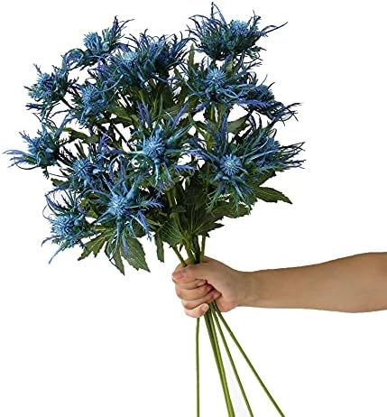 Romase 5 Pack Blue Artificial Thistle Flower Bouquet for Home Wedding Kitchen Office Nursery Décor