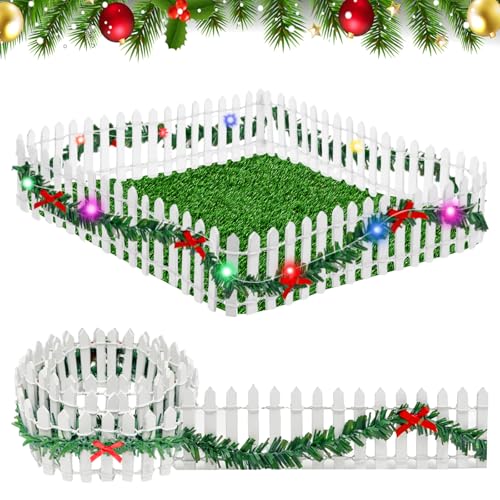 IWTBNOA Clôture de Jardin Miniature, Mini Clôture de Noël avec Lumières, Mini Clôture en Bois, Clôture Flexible Décoration de Jardin, Mini Bordure...