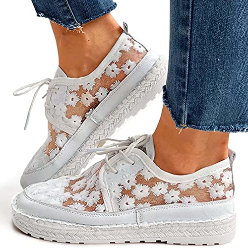 Hbeylia Platform Espadrilles Fashion Sneakers For Women Girls Flower Embroidered Lace Breathable Lace Up Low Top Play Sneakers Canvas Shoes Casual Leather Slip On Walking Shoes Loafers