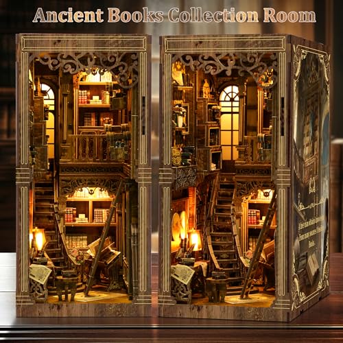 Book Nook Kit für Erwachsene - CRIOLPO DIY Miniatur Haus Holzpuzzle 3D Puppenhaus - Buchstütze für Bücherregal Deko mit Led Licht Kreatives Geschenk für Leser