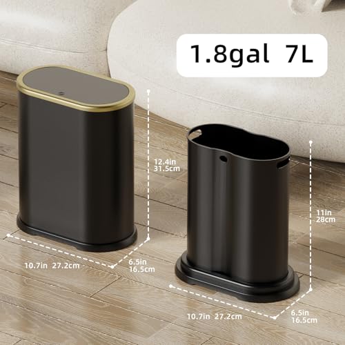 Image of KSSKSS 1.8 Gallons Small White Bathroom Trash Can with Lid, Slim Bathroom Garbage Bin, Dog Proof Trash Can with Pop-Up Lid for Bedroom,Toile, Black