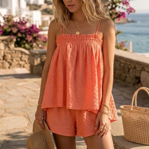 Image of SOOKABEILA Women 2 Piece Lounge Set Sleeveless Striped Cami Peplum Top Boxer Shorts Loose Ruffle Matching Pj Sets Outfits