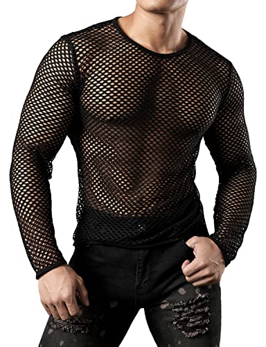 Image of JOGAL Mens Fishnet Mesh Long Sleeve Shirt Fitted Muscle Top Large Black