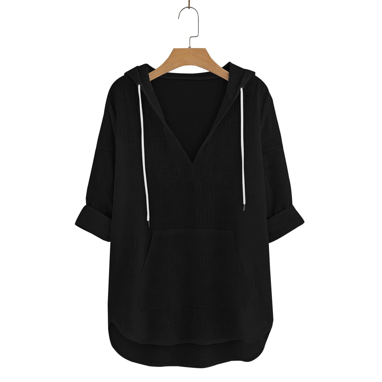 Damska bawełniana lniana bluza z kapturem, na co dzień, dekolt w serek, długi rękaw, lniana bluzka, lekka koszula z kapturem, top boho, moda, workowata, jednokolorowa, na co dzień, koszula