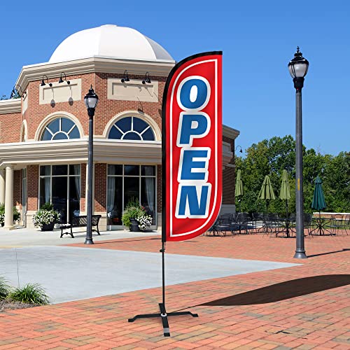 Image of LookOurWay Feather Flag Set - 5ft Tall Advertising Banner Flag with Pole Kit and X-Stand for Business Promotion - Open Red /Blue