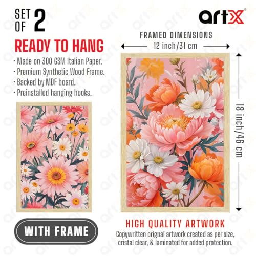 Image of ArtX Paper Floral Art Paintings with Frame for Home Decor, Wall Painting for Living Room, Multicolor, Natural Wood Color Frames, Set of 2