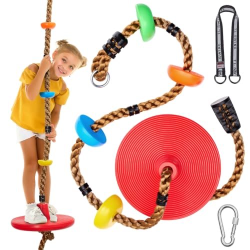 DECORLIFE Tree Swing for Kids 330LB Capacity, Adjustable Climbing Rope with Platforms and Disc Swing Seat Set for Outdoor Backyard Playground Accessories, Including Carabiners and Strap, Red