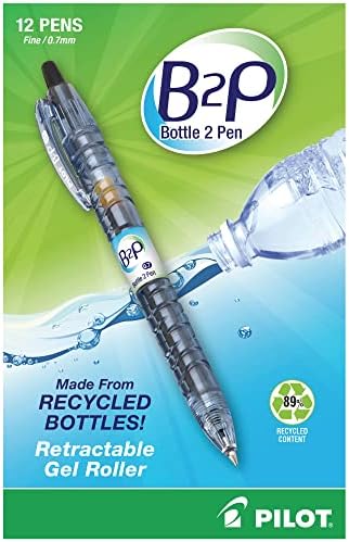 PilotBottle to Pen B2P Retractable Gel Pens, Fine Point, 0.7 mm, 89% Recycled, Translucent Barrel, Black Ink, Pack Of 12