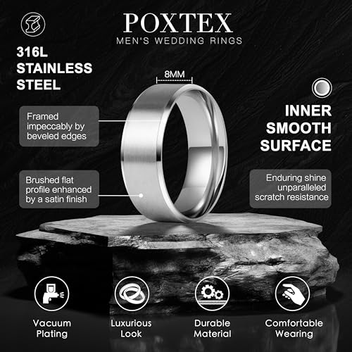 Poxtex Mens Rings, Stainless Steel Wedding Band for Men, Chunky Gold Silver Black Blue Waterproof Jewelry Set Size 10