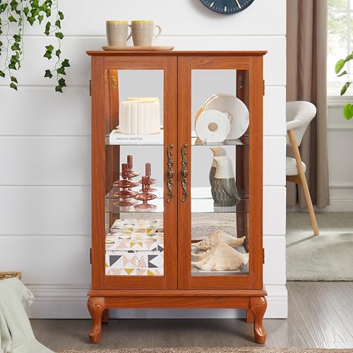 Image of 43 inch H Lighted Wooden Curio Cabinet, Freestanding Glass Display Case with Tempered Glass Door, Adjustable Shelves and Mirrored Back Panel, Decorative Storage Cabinet for Living Room (Dark Oak)