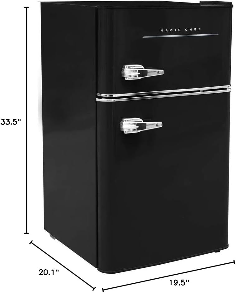 lateral view of the Magic Chef Retro Mini Refrigerator with dimensions labeled: 33.5 inches height, 20.1 inches depth, 19.5 inches width.