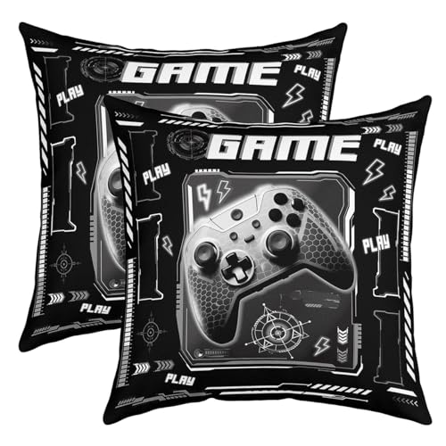 richhome Set di 2 federe per cuscino con gamepad astratto retrò, 50,8 x 50,8 cm, vintage, nero, motivo controller di gioco 3D, reversibile, set di federe quadrate per camera da letto e soggiorno
