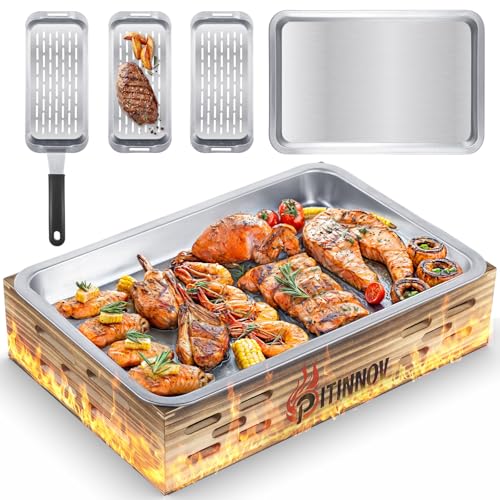 Grill Basket Set, 3pcs Stainless Steel Grill Topper Pans for Outdoor Grill with BBQ Prep Tray, Grilling Baskets Barbecue Accessories for Vegetables, Fish, Meat, and Seafood - Gifts for Men Dad Husband