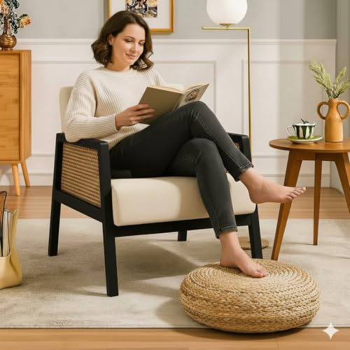 Image of Premium Sheesham Wood Arm Chair with Cushion || Cane Chairs for Balcony || Wooden Armrest Chair Garden Chairs Outdoor || Dining Chair for Living Room Furniture Modern Accent Chair Walnut Finish