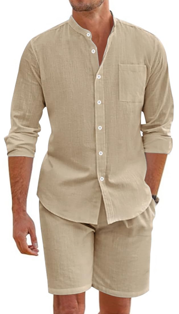 Chándal Hombre Lino 2 Piezas Camisa con Botones y Pantalones Cortos Verano Casual Playa