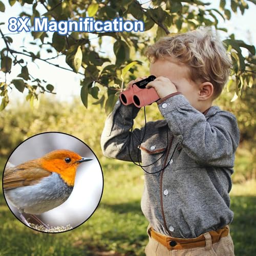 Qohuooi Binoculars for Kids,Compact Kids Binoculars 8x21 High-Resolution for Bird Watching, Camping, Exploration, Hiking, Hunting, Sports Events and Safari Park Gifts for 3-12 Year Boys Girls (Pink)