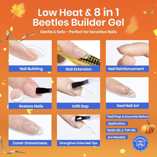 Beetles Builder Gel Low Heat,0.51 oz 8 in 1 Clear Gel Builder for Weak & Thin Nails Building Apex & Extension Strengthener with Detachable Liner Nail Brush for Beginner DIY Salon at Home UV&LED Cured - Thumbnail 3