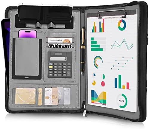 UBAFNOM Padfolio Portfolio Binder – Vegan Leather Business Portfolio Organizer with Calculator – Zippered Portfolio Padfolio for Women & Men