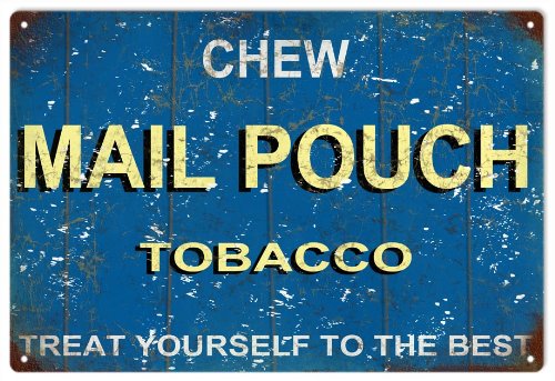 Vintage Chew Mail Pouch Tobacco Blue Background Reproduction Sign