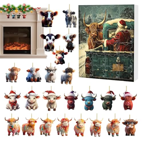 Calendario de Adviento, calendario de Adviento, 24 días, cuenta regresiva de Navidad, calendario de Adviento, acrílico Highland Cow joyas | Decoración de árbol de Navidad para ventana, pared, coche
