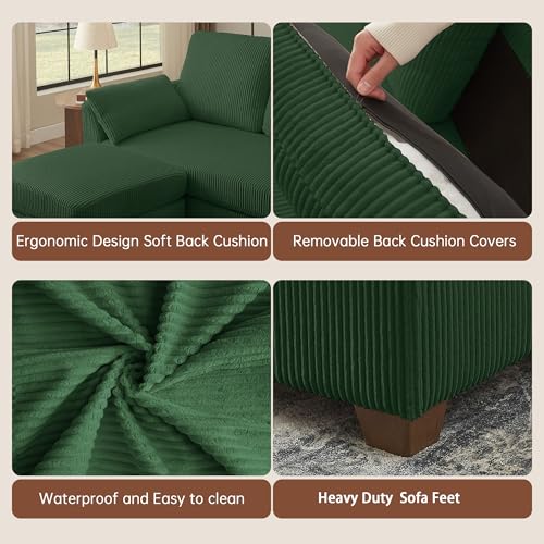 Image of Sectional Sofa with Dual Storage Ottomans, 4 Seat U Shaped Couches for Living Room: Soft Corduroy | Double Movable Chaise Ottoman | Modern Reversible Convertible Couch Set, Green