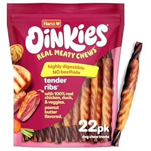 Hartz Oinkies Tender Ribs with Real Chicken, Duck & Veggies, Peanut Butter Flavored Rawhide-Free Dog Treats, Highly Digestible Dog Chews, 22 Count