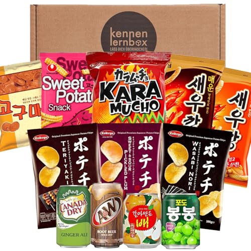 Snack Party Box | Kennenlernbox mit 12 beliebten Chips und Getränke aus den USA, Korea und Japan | Für Filmabende oder als Geschenkidee für besondere Anlässe