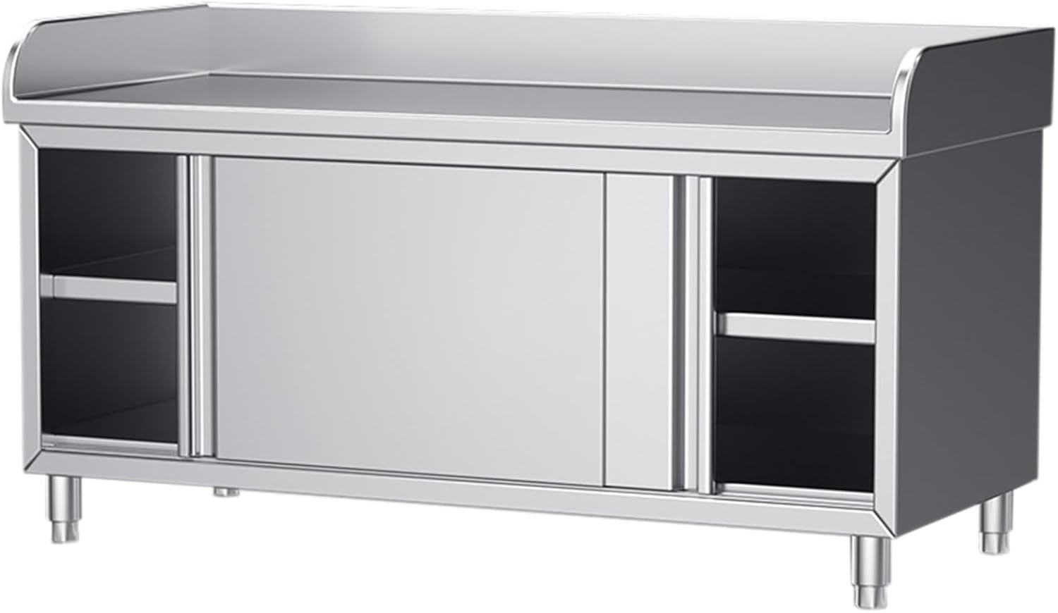 Stainless Steel Table with Triple-Edge Trim Kitchen Work Storage Cabinet with Sliding Doors Generous Capacitility Adjustable Legs Heavy-Duty Construction Fully Welded Design High Load
