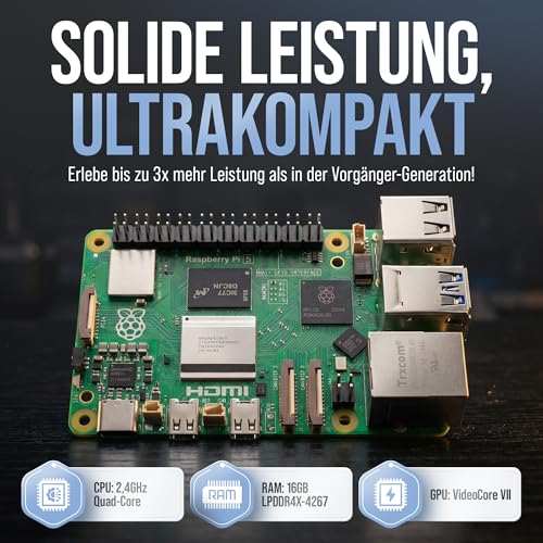 Raspberry Pi 5 16GB Starter-Kit | 128GB Edition | 27W Netzteil | Gehäuse mit Lüfter | 4K Micro HDMI Kabel 1m | Ideal für Smart Home, Retro Gaming und Home Assistant