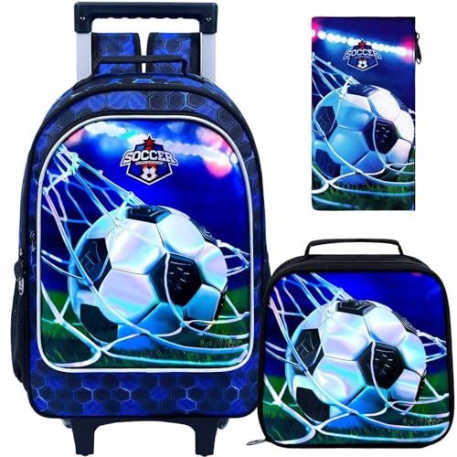 gxtvo Rolling Backpack for Boys, Roller Wheeled Bookbag - Wheeled Elementary School Bag - 3PCS Soccer Backpack